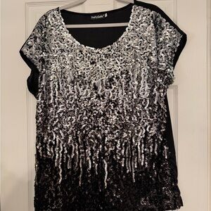 PrettyGuide Women's Sequin Short Sleeve Top - Black and Silver